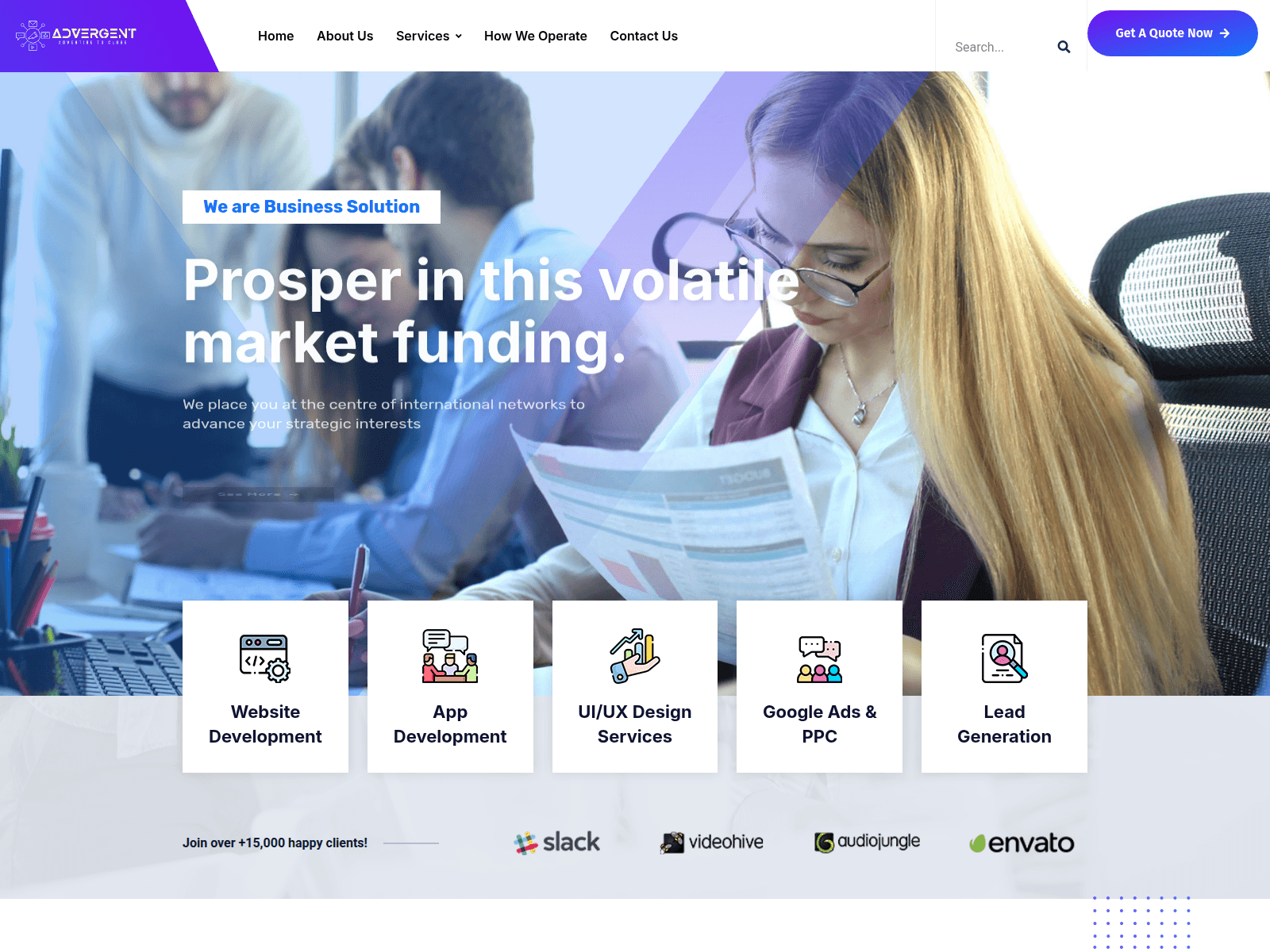 Advergent preserved 2025 homepage showing its navigation, business-solution hero and five service cards